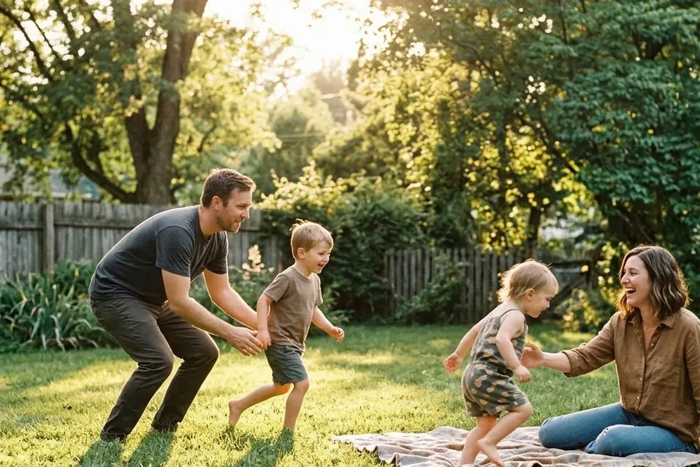 Parents with two young children in a backyard